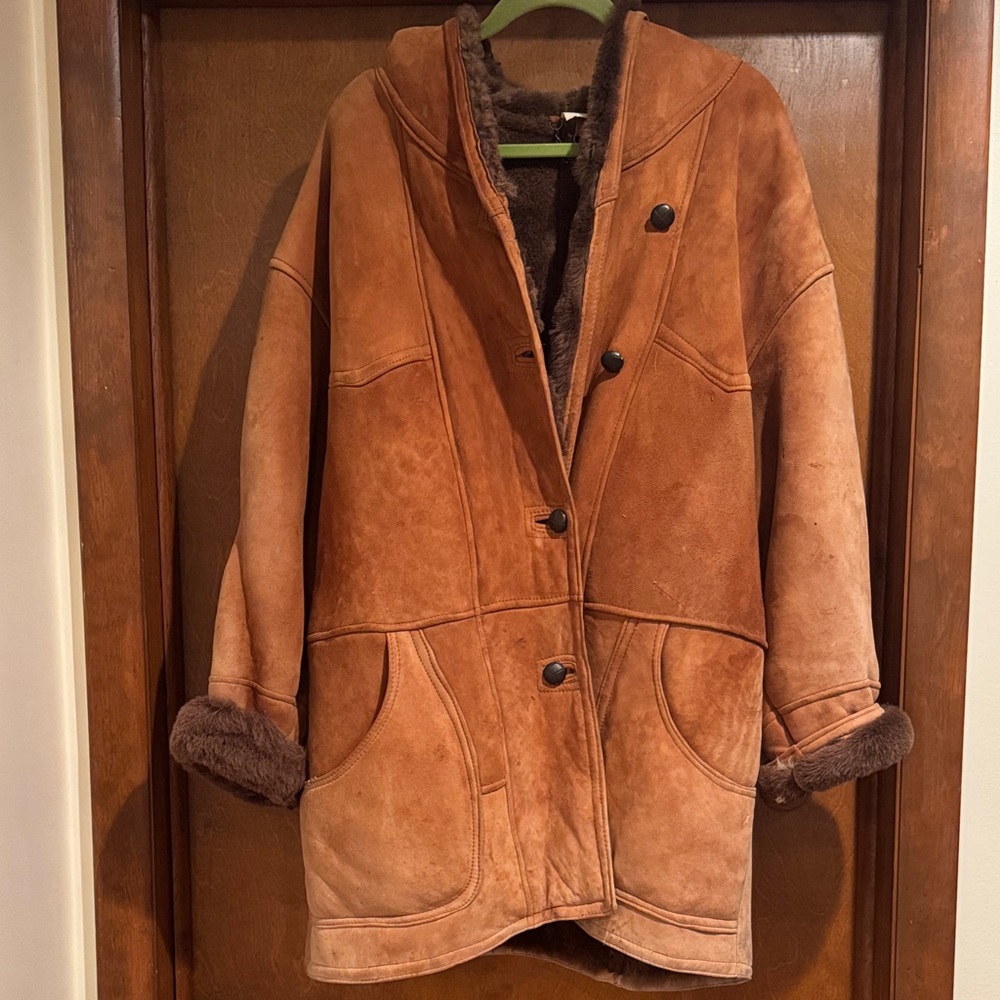 Moda International Brown Leather Jacket Shearling w Hood